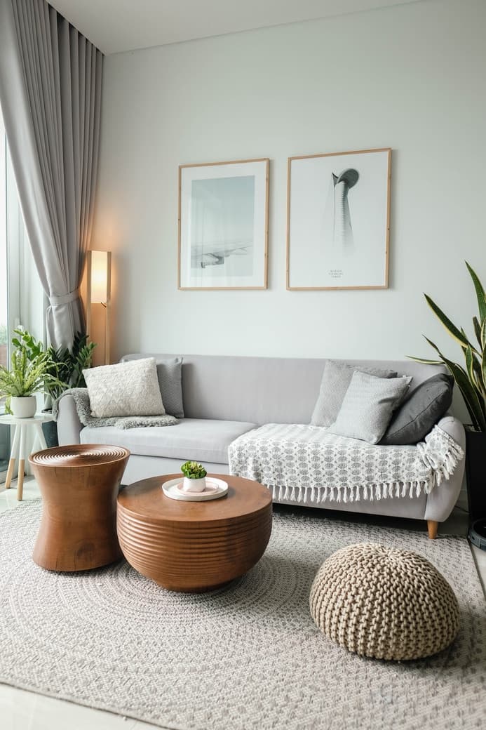Living room with light gray sofa